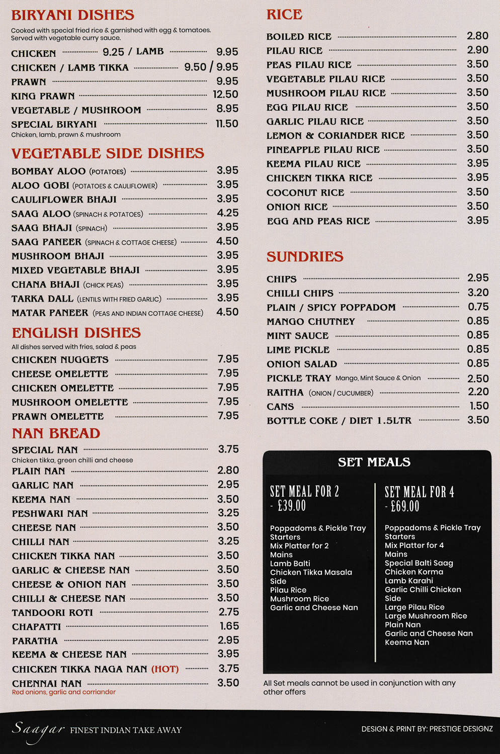 Menu for Saagar Indian takeaway - dishes include; King Prawn Biryani, Peshwari Nan, Chapati, Paratha, Lamb Biryani, Saag Paneer, Chana Bhaji..