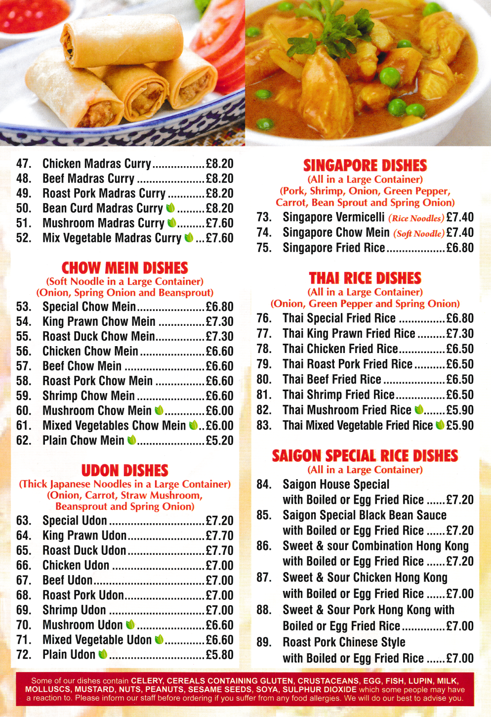 Takeaway and delivery menu for Saigon on Trent Road in Sneinton, Nottingham