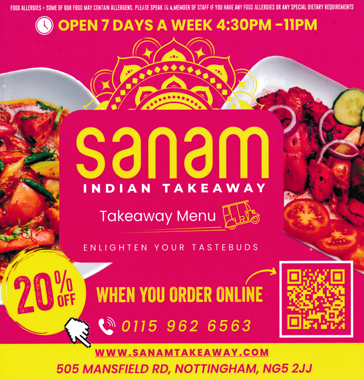 Menu for Sanam Indian takeaway in Sherwood, Nottingham NG5 2JJ