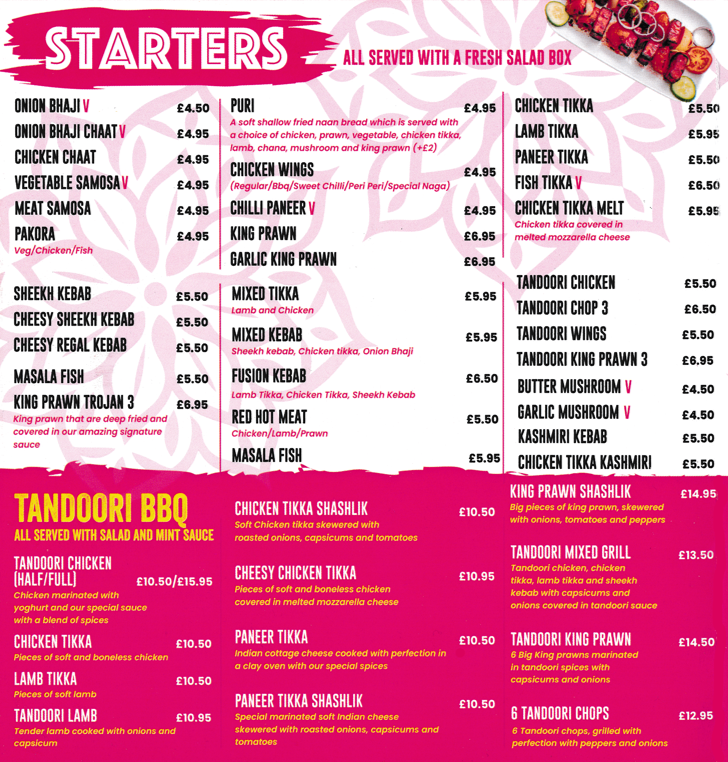 Menu for Sanam - Dishes include; Chicken Tikka, Shashlik, Pakora, Onion Bhaji, Fusion Kebab, Red Hot Meat, Butter Mushroom, Chicken Tikka, Fish Tikka, Masala Fish, Cheesy Chicken Tikka,Tandoori King Prawn, Meat Samosa..