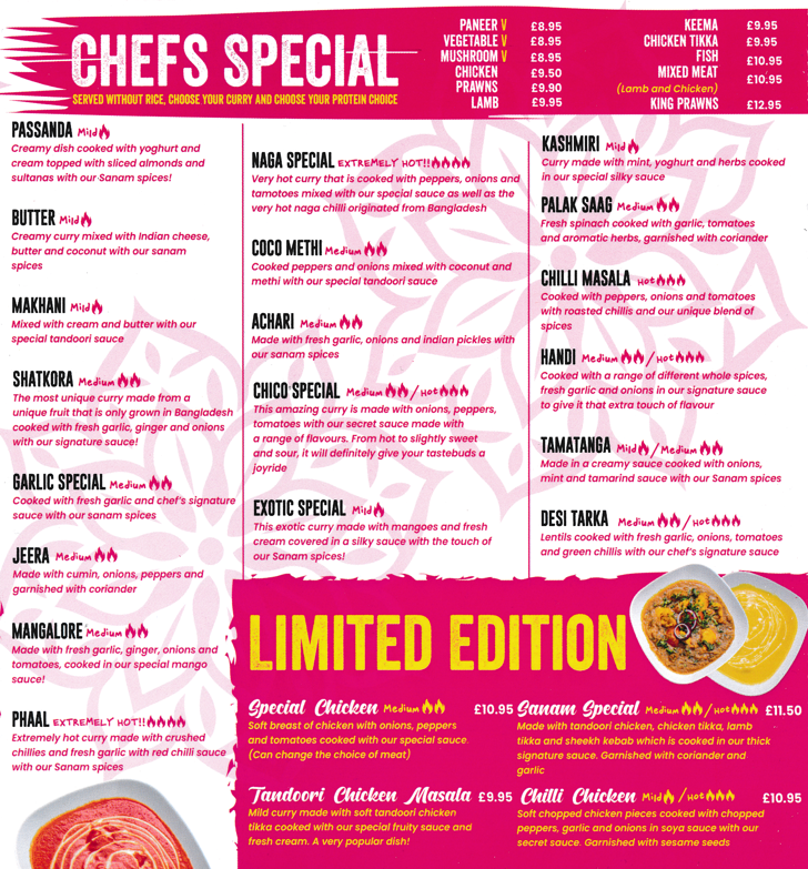 Menu for Sanam Indian takeaway - Dishes include; Passanda, Makhani, Jeera, Phaal, Mangalore, Coco Methi, Naga Special, Kashmiri, Tamatanga, Handi, Desi Tarka, Chilli Masala..