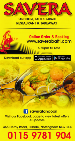 Takeaway menu for Savera Indian restaurant on Derby Road in Nottingham NG7 2EB