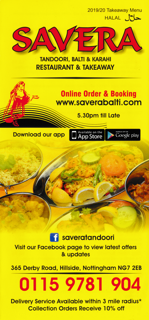Takeaway and delivery menu for Savera Indian restaurant on Derby Road in Nottingham