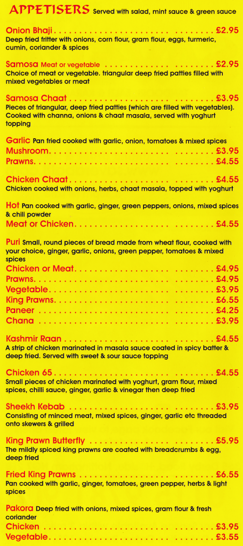 Menu for Savera - Onion Bhaji, Samosa, Chicken Chaat, Kashmir Raan, Sheekh Kebab, Chicken 65, King Prawn Butterfly, Pakora..