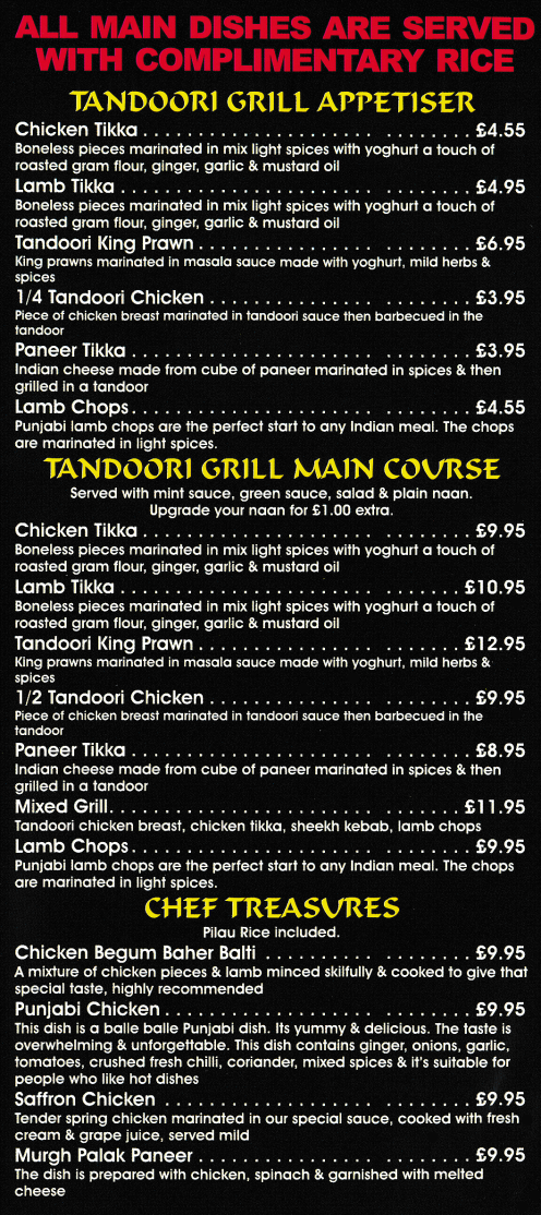 Menu for Savera - Chicken Tikka, Paneer Tikka, Saffron Chicken, Tandoori King Prawn, Lamb Tikka, Tandoori Chicken, Punjabi Chicken..
