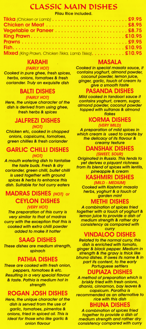 Menu for Savera - Madras, Balti, Masala, Korma, Jalfrezi, Dansak, Vindaloo, Saag, Rogan Josh, Bhuna, Methi..