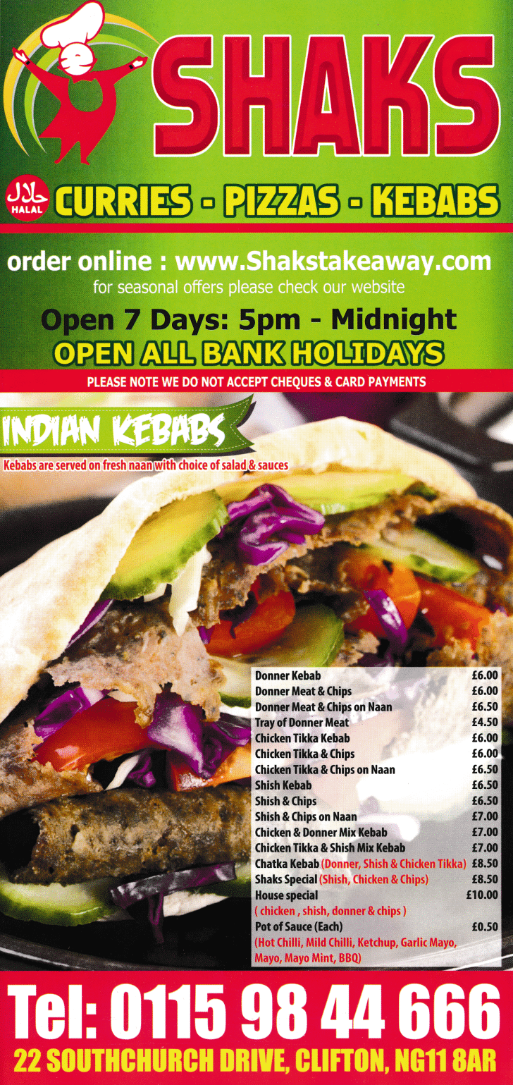 Menu for Shaks - Curries and Kebabs takeaway and delivery in Clifton near Nottingham NG11 8AR