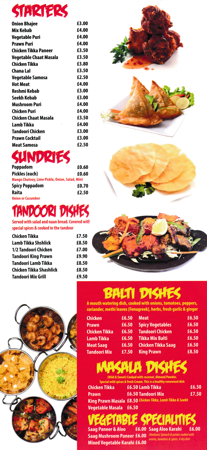 Menu for Shaks - Balti, Masala, Vegetable Specialities, Tandoori Dishes, Indian Starters..