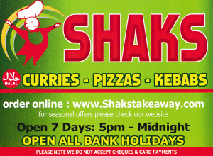 Menu for Shaks pizzas, curries, Indian kebabs takeaway and delivery in Clifton near Nottingham