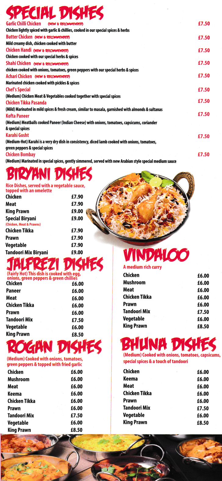 Menu for Shaks - Biryani, Jalfrezi, Rogan Josh, Vindaloo, Bhuna, Kofta Paneer, Achari Chicken, Butter Chicken..