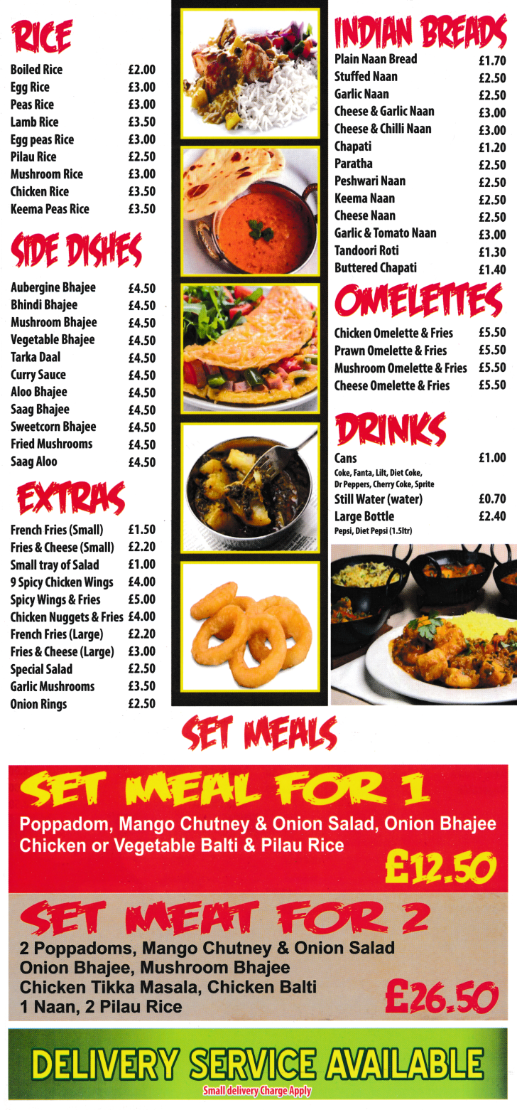 Menu for Shaks - Naan Breads, Tandoorii Roti, Chapati, Pilau Rice, Bhajee's, Set Meals..