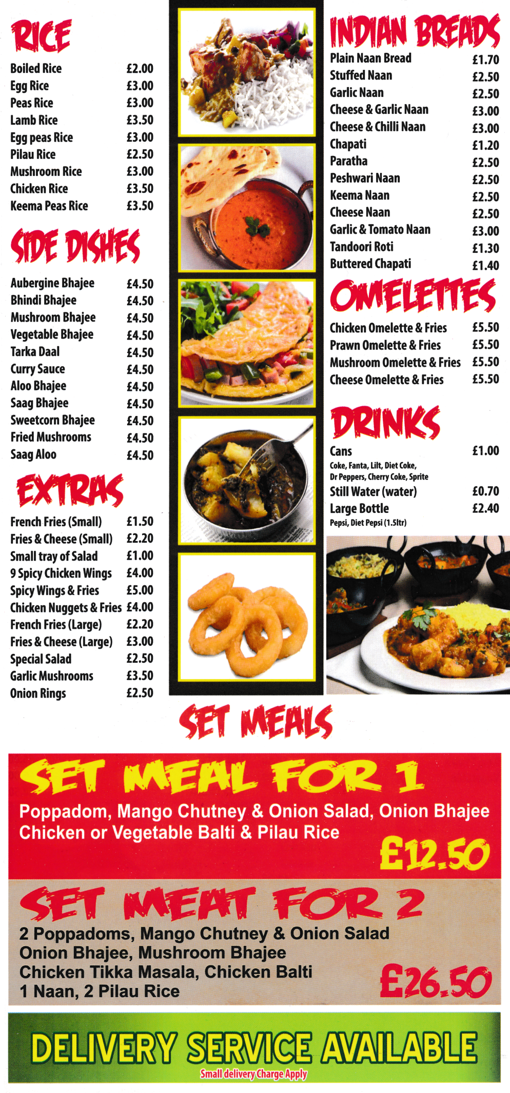 Menu for Shaks - Naan Breads, Tandoorii Roti, Chapati, Pilau Rice, Bhajee's, Set Meals..