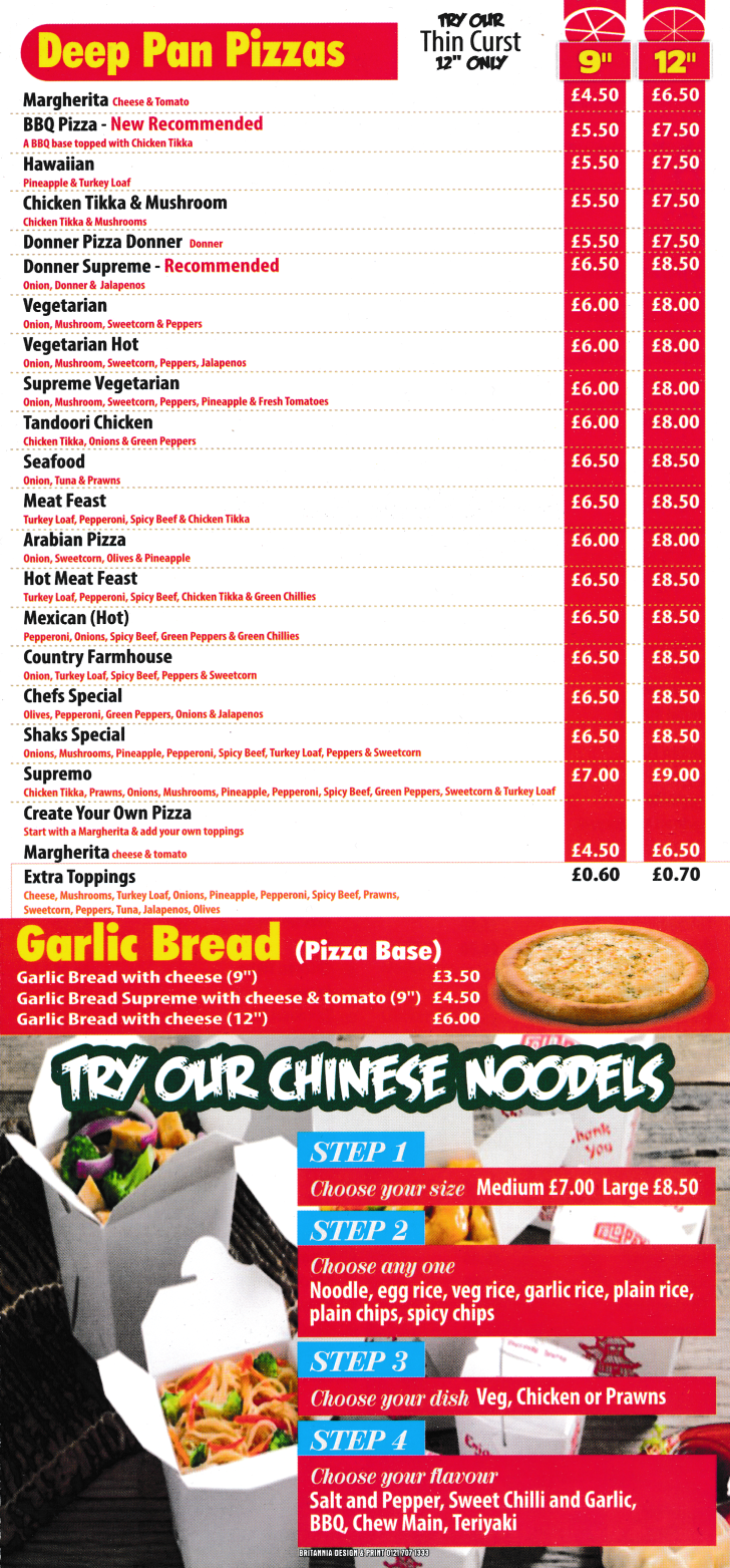 Menu for Shaks - Margherita, BBQ Pizza, Hot Meat Feast, Supremo, Arabian Pizza, Country Farmhouse, Tandoori Chicken, Donner Supreme, Seafood; pizzas..