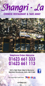 Takeaway menu for Shangri-La Chinese restaurant on High Street in Mansfield Woodhouse NG19 8AN