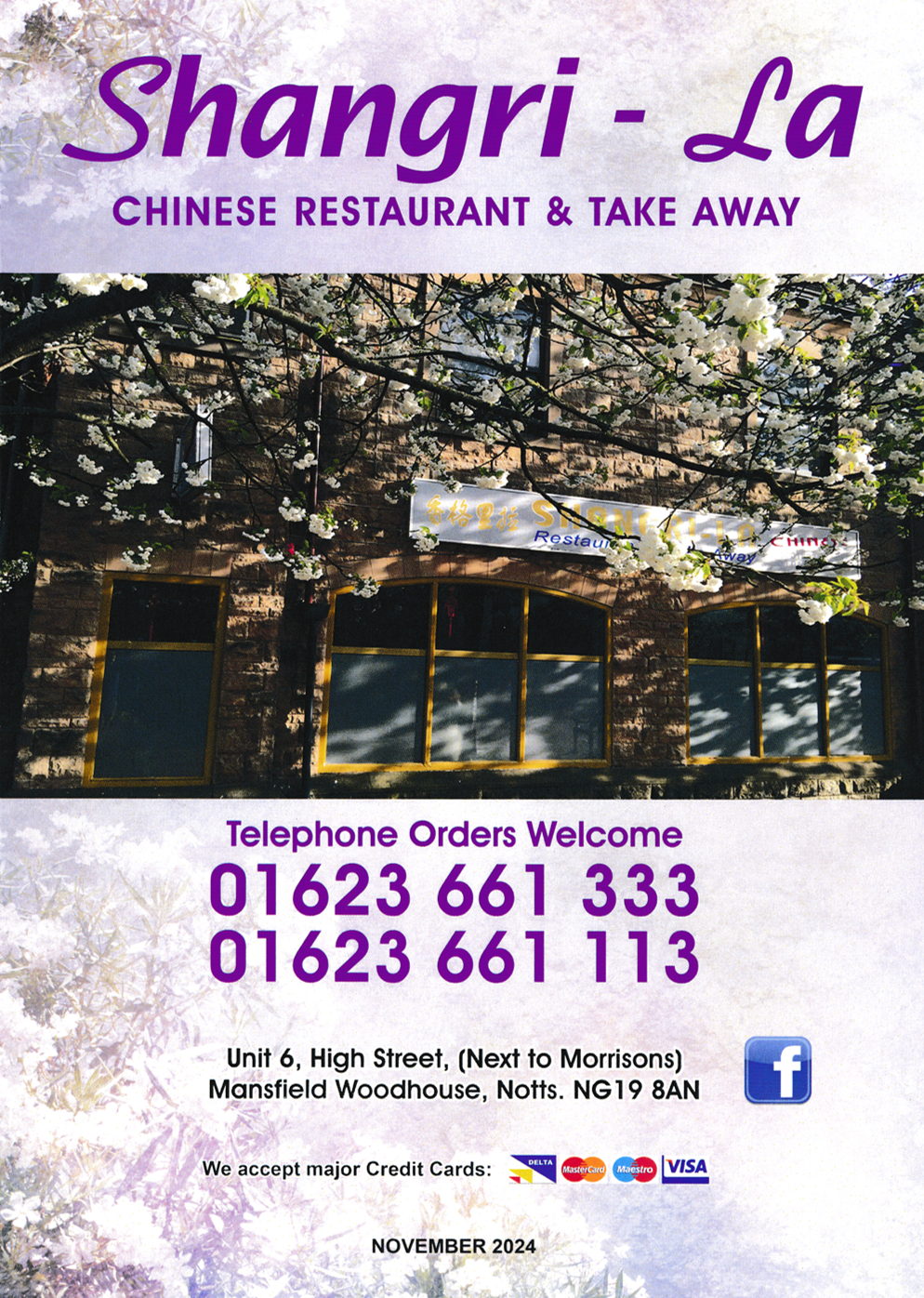 Takeaway menu for Shangri-La restaurant in Mansfield Woodhouse NG19 8AN