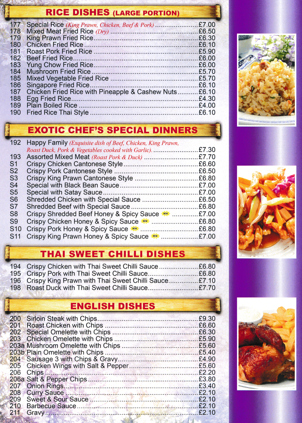 Takeaway menu for Shangri-La - Crispy Pork Cantonese Style, Yung Chow Fried Rice, Roast Duck with Thai Sweet Chilli Sauce, Happy Family, Crispy Shredded Beef in Honey & Spicy Sauce..