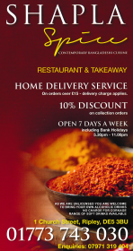 Menu for Shapla Spice Bangladeshi & Indian curry restaurant and takeaway on Church Street in Ripley, Derbyshire DE5 3BU