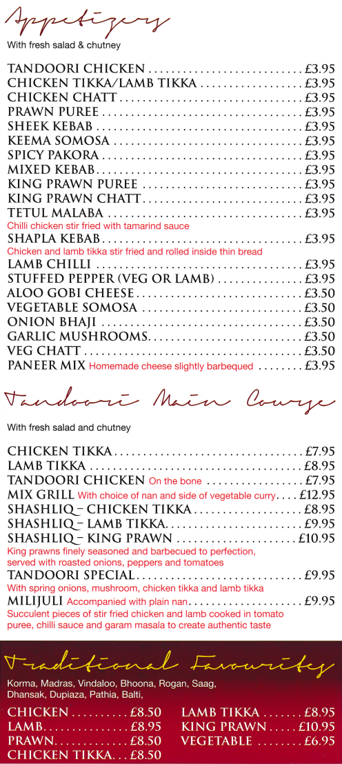 Takeaway menu for Shapla Spice Bangladeshi and Indian restaurant on Church Street in Ripley, Derbyshire DE5 3BU