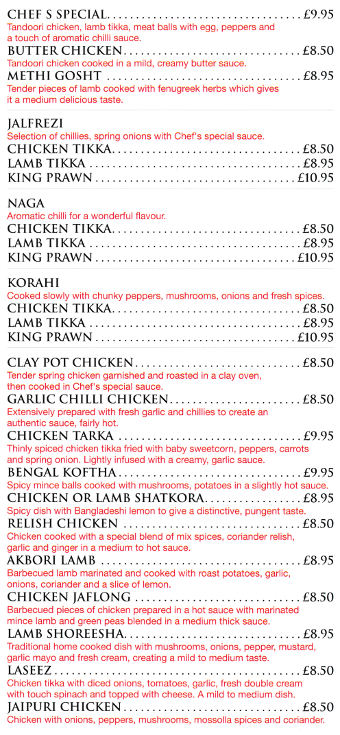 Takeaway menu for Shapla Spice - Butter Chicken, Methi Gosht, Jalfrezi, Chicken Tikka, Bengal Koftha, Jaipuri Chicken, Chicken Tarka..