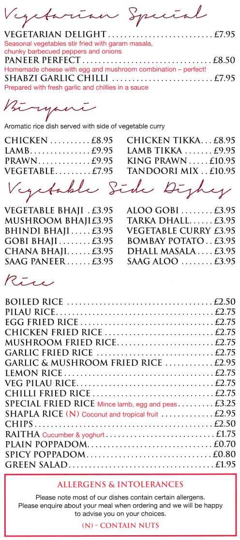 Takeaway menu for Shapla Spice Bangladeshi and Indian restaurant on Church Street in Ripley, Derbyshire DE5 3BU