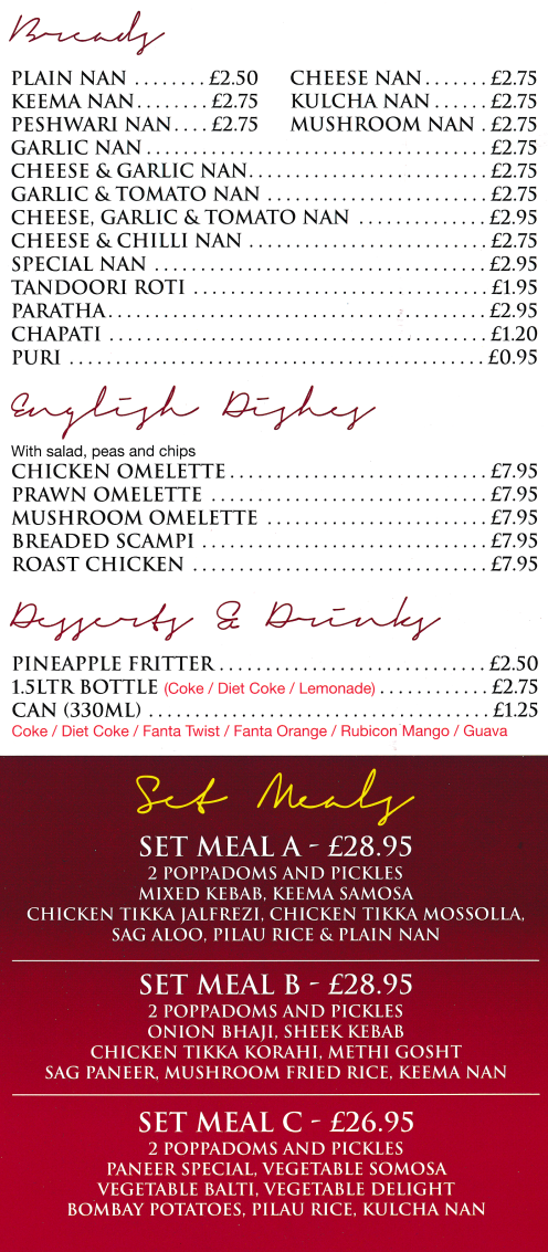 Takeaway menu for Shapla Spice Bangladeshi and Indian restaurant in Ripley