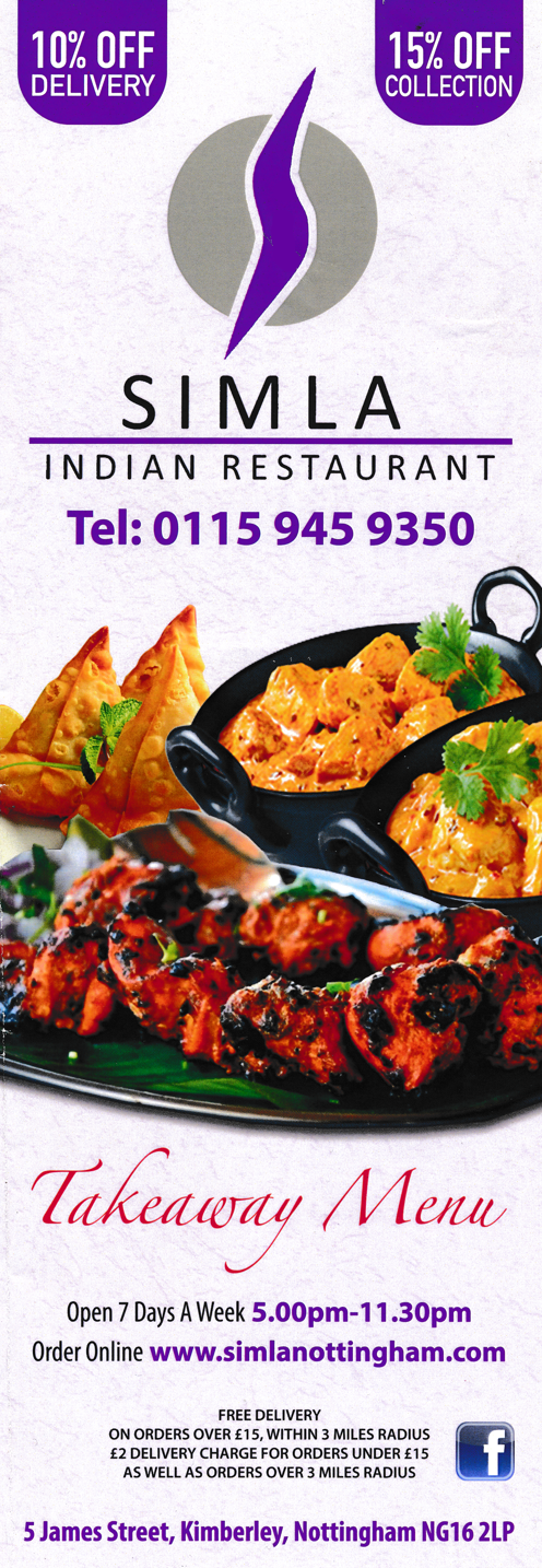 Takeaway menu for Simla Indian restaurant on James Street in Kimberley