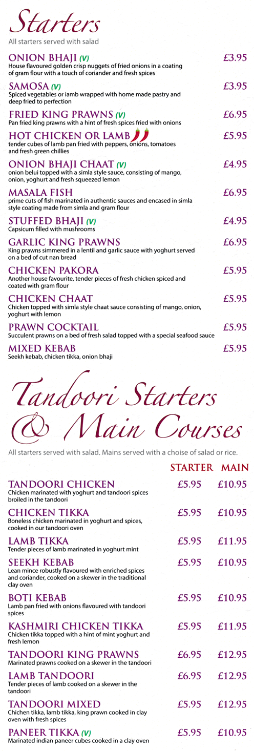 Takeaway menu for Simla Indian restaurant - dishes include; Samosa, Chicken Pakora, Masala Fish, Lamb Tikka, Boti Kebab, Tandoori Chicken, Paneer Tikka, Onion Bhaji..