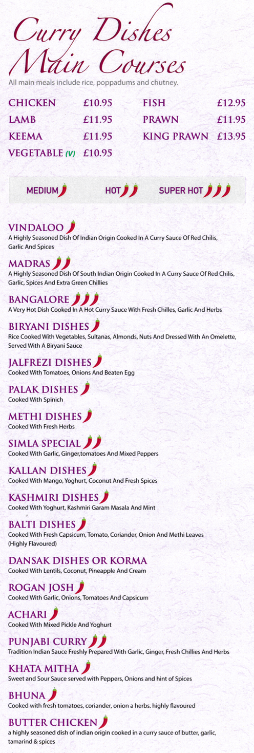Takeaway menu for Simla Indian restaurant - dishes include; Chicken Vindaloo, Lamb Biryani, Beef Madras, Fish Methi, King Prawn Rogan Josh, Butter Chicken..