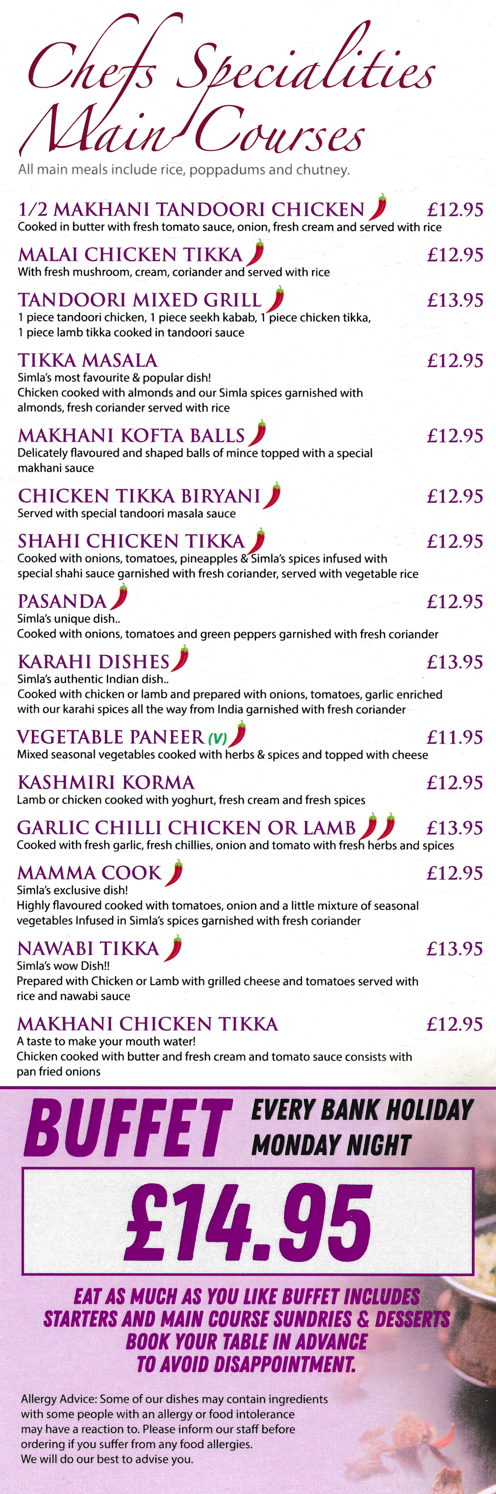 Takeaway menu for Simla Indian restaurant - dishes include; Mamma Cook, Makhani Chicken Tikka, Pasanda, Tandoori Mixed Grill, Chicken Tikka Biryani..