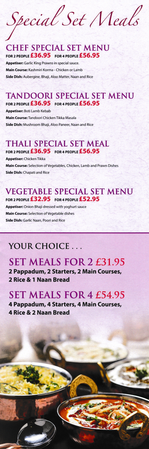 Takeaway menu for Simla Indian restaurant - dishes include; Tandoori Special Sey Menu, Thali Special Set Meal..