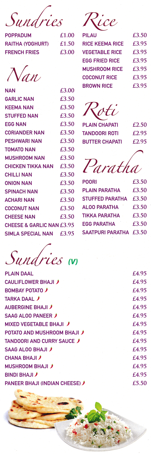 Takeaway menu for Simla Indian restaurant - dishes include; Poppadum, Keema Nan, Chicken Tikka Nan, Coconut Nan, Stuffed Paratha, Tandoori Roti, Pilau Rice, Aubergine Bhaji, Tarka Daal..