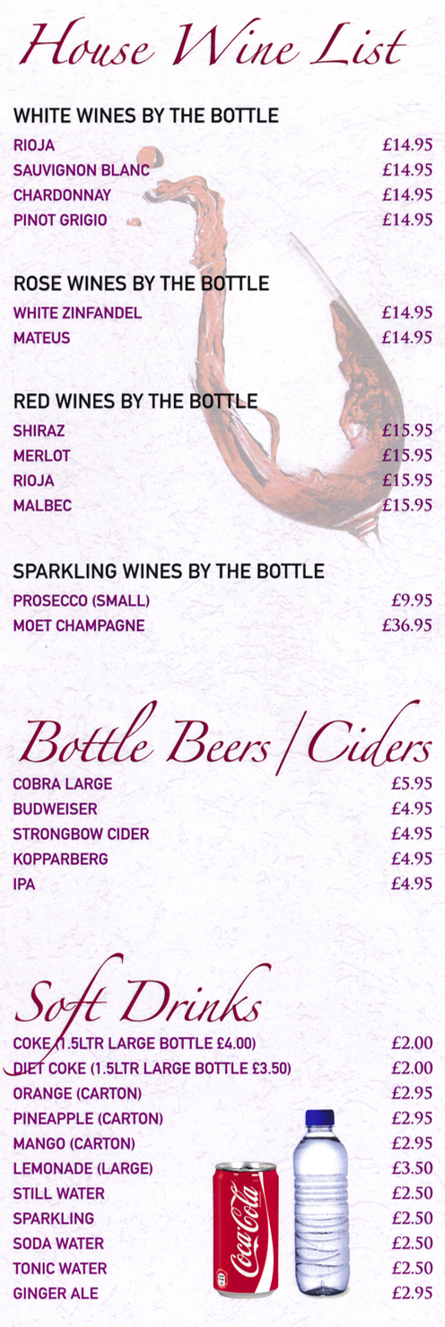 Takeaway menu for Simla Indian restaurant - Wines, Beers and Soft Drinks..