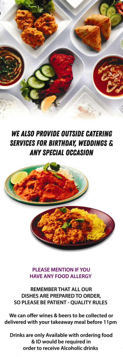 Takeaway menu for Simla Indian restaurant in Kimberley near Nottingham