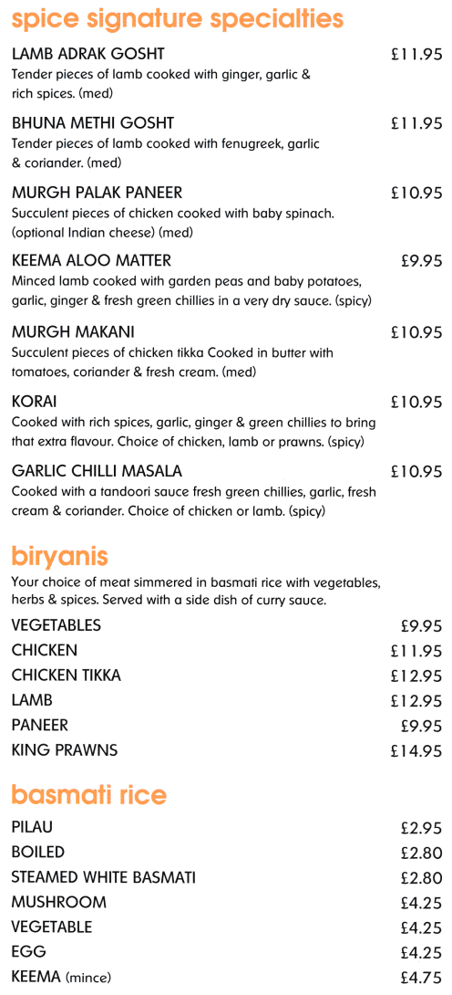 Menu for Spice - Garlic Chilli Masala, Keema All Matter, Bhuna Methi Gosht, Biraynis..