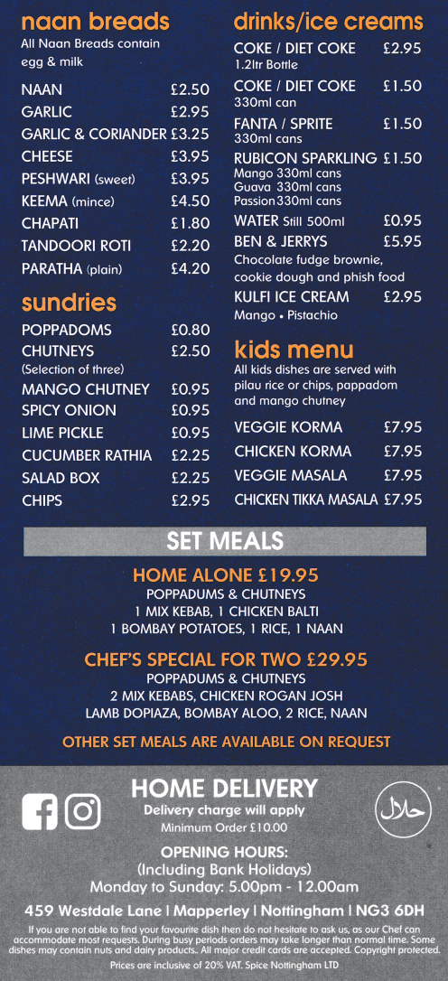 Menu for Spice Indian takeaway on Westdale Lane in Mapperley, Nottingham NG3 6DH