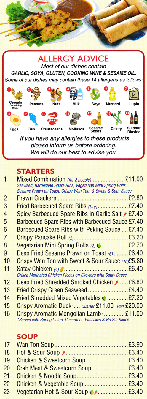 Menu for Spring - Crispy Pancake Roll, Crispy Aromatic Duck, Satay Chicken on Skewers, Wan Ton Soup, Fried Barbequed Spare Ribs..