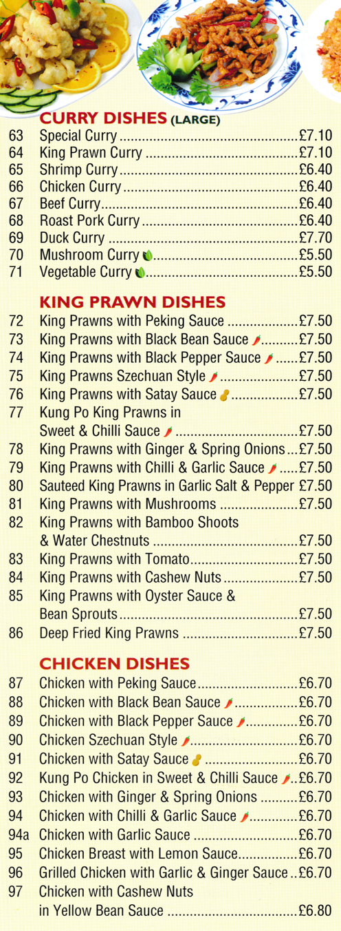 Menu for Spring Chinese food takeaway Menu for Spring - Roast Pork Curry, Kung Po King Prawns in Sweet & Chilli Sauce, Chicken with Satay Sauce, Chicken Breast with Lemon Sauce..