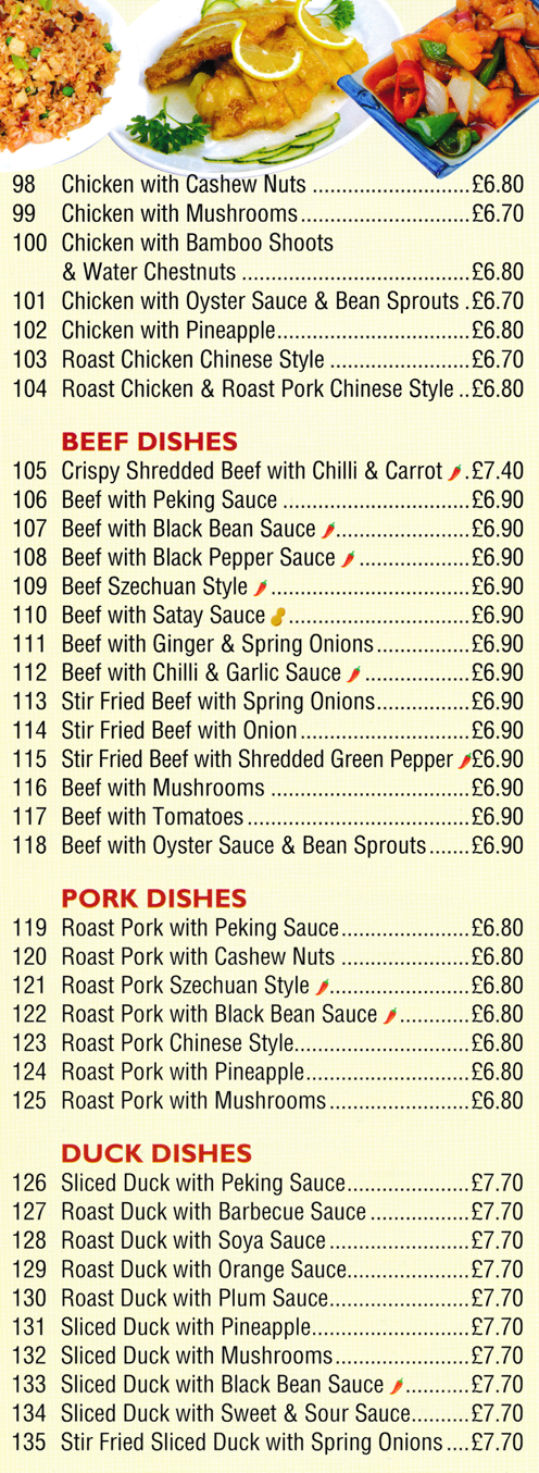 Menu for Spring - Beef Szechuan Style, Roast Chicken Chinese Style, Roast Pork with Peking Sauce, Roast Duck with Plum Sauce, Beef with Satay Sauce..