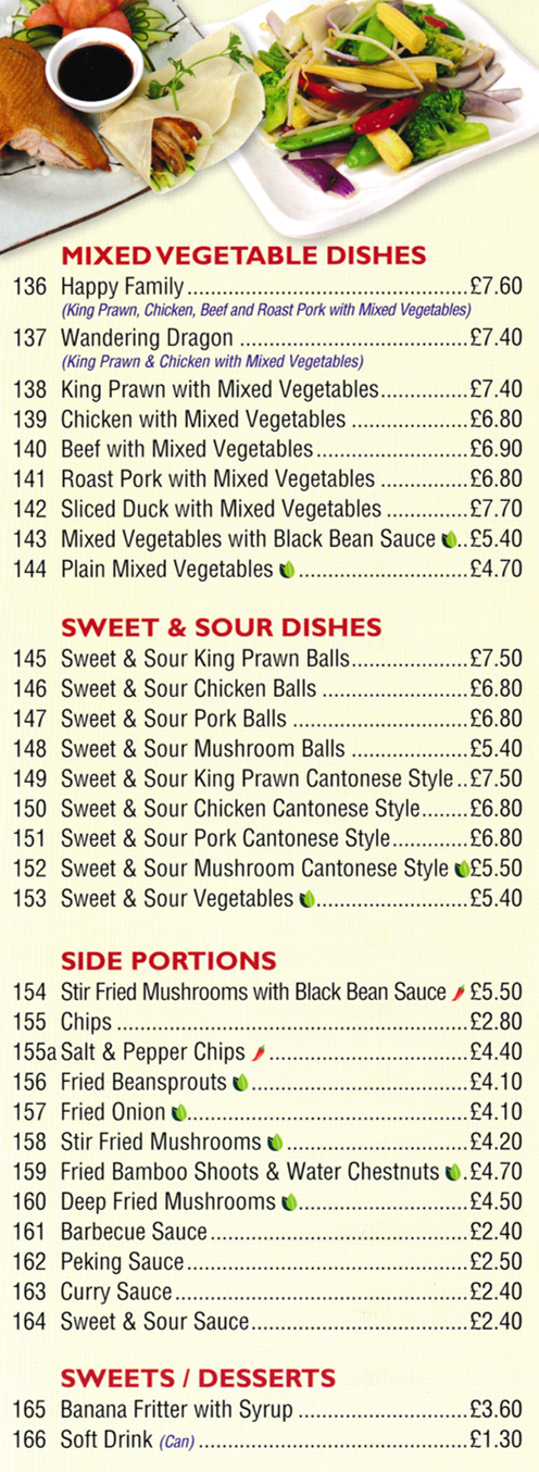 Menu for Spring Chinese food takeaway Menu for Spring - Happy Family, Wandering Dragon, Sweet & Sour Pork Balls, Banana Fritter with Syrup, Sweet & Sour Chicken Cantonese Style..