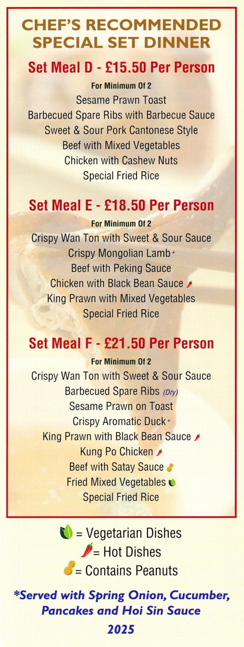 Menu for Spring Chinese food takeaway Menu for Spring in Bingham - Chef's Recommended Speical Set Dinners