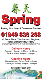 Menu for Spring Chinese and Cantonese takeaway in Bingham