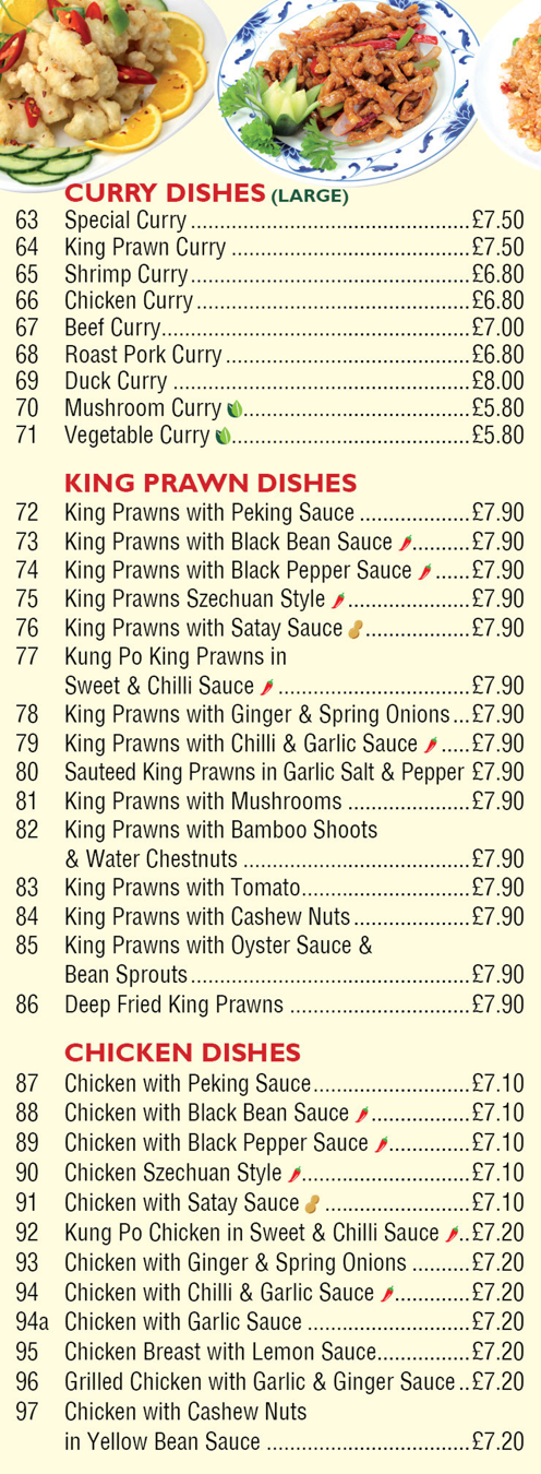 Menu for Spring - Roast Pork Curry, Kung Po King Prawns in Sweet & Chilli Sauce, Chicken with Satay Sauce, Chicken Breast with Lemon Sauce..
