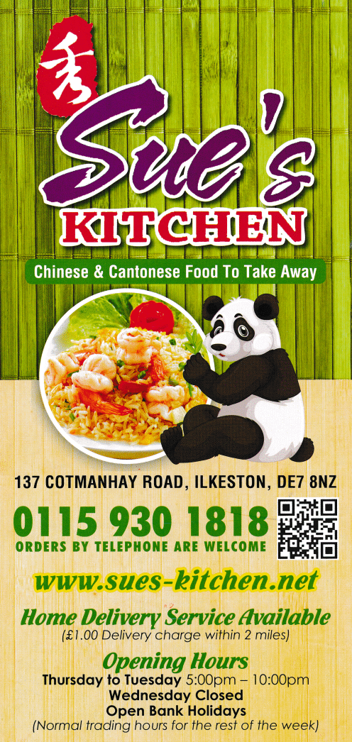 Menu for Sue's Kitchen - Chinese food takeaway on Cotmanhay Road in Ilkeston DE7 8NZ