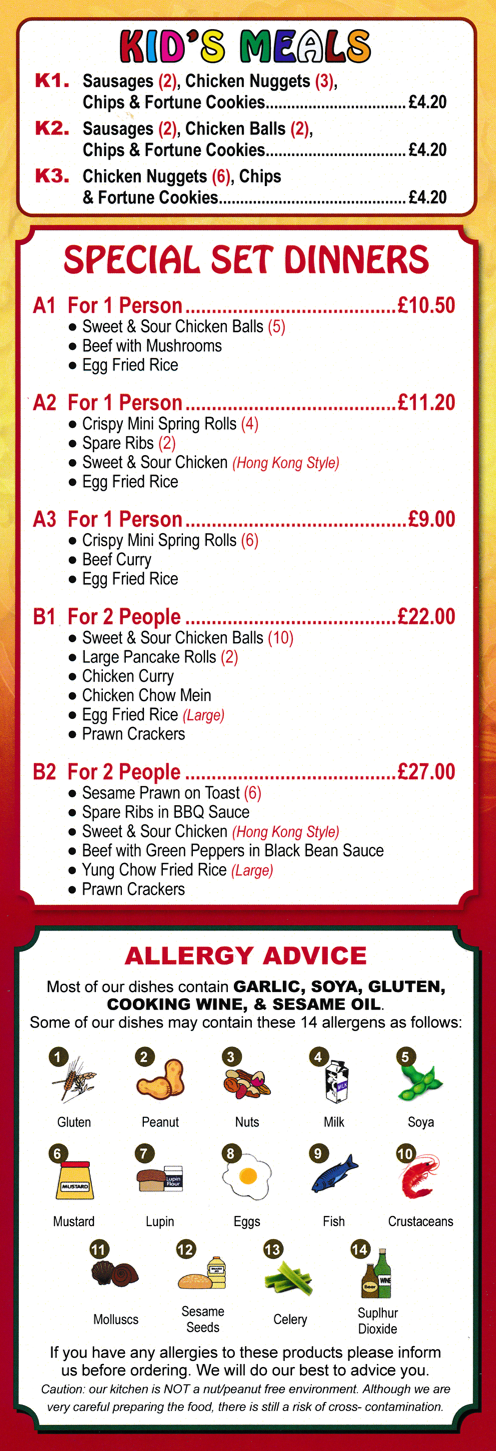 Sun Do Chinese takeaway menu Sun Do Chinese takeaway menu - Special Set Meals, Kid's Meals