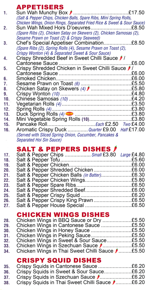 Menu for Sun Wah - Sesame Prawn on Toast, Aromatic Crispy Duck, Chicken Satay on Skewers, Mixed Hors D'oeuvres, Crispy Shredded Beef in Sweet Chilli Sauce