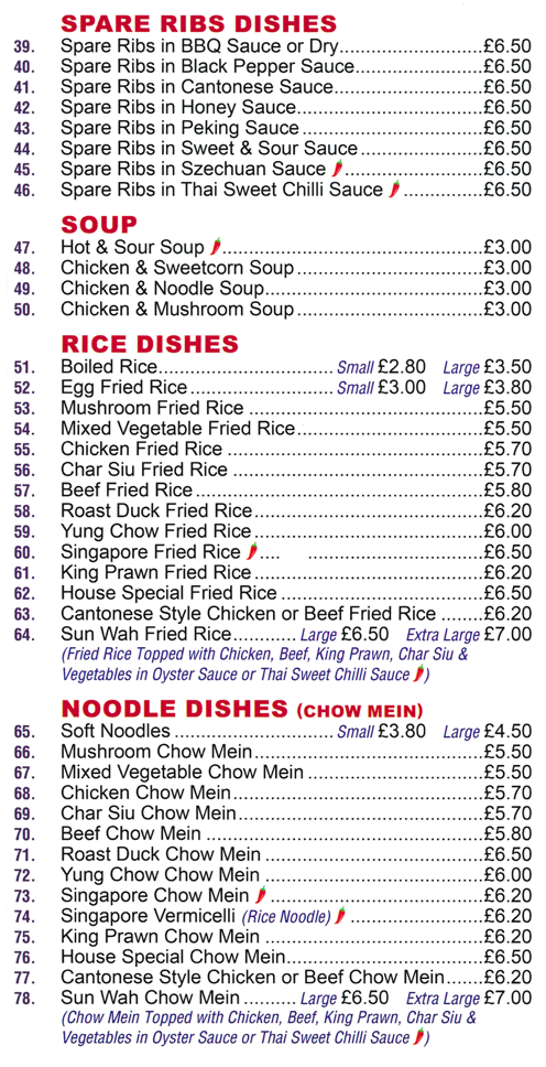 Menu for Sun Wah - Spare Ribs in Cantonese Suace, Hot and Sour Soup, Egg Fried Rice, Beef Chow Mein..