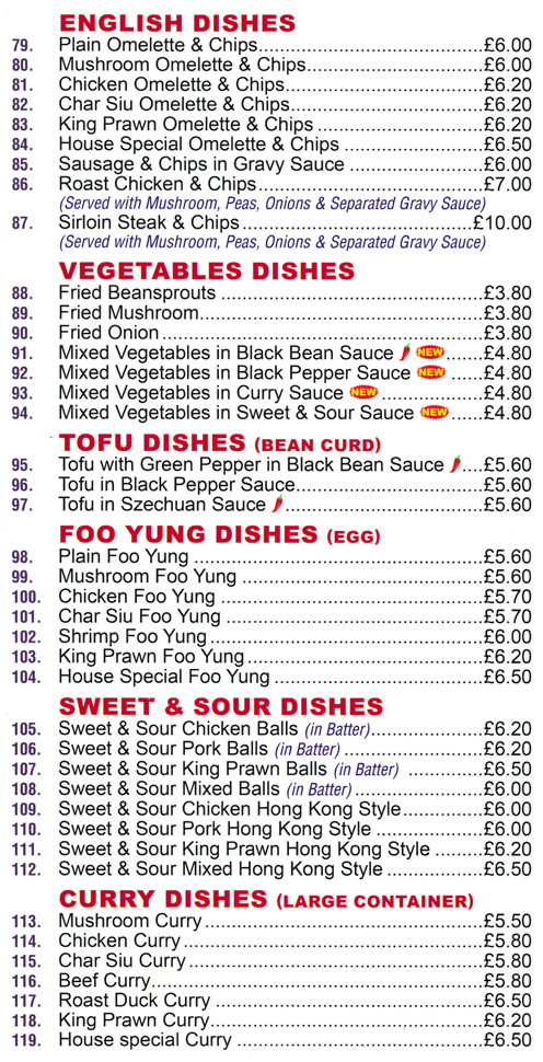 Menu for Sun Wah - Sweet & Sour Pork Balls, Mushroom Foo Yung, Beef Curry, Tofu in Black Pepper Sauce, Chicken Omelette & Chips..