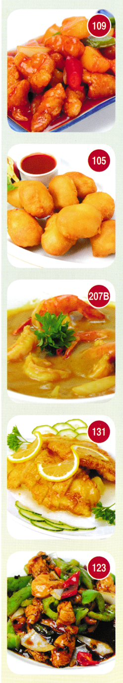Food pictures for Sun Wah Chinese takeaway; Sweet & Sour Chicken Balls, Sweet & Sour Chicken Hong Kong Style, King Prawn Thai Curry, Chicken in Lemon Sauce, Chicken with Green Pepper and Black Bean Sauce..