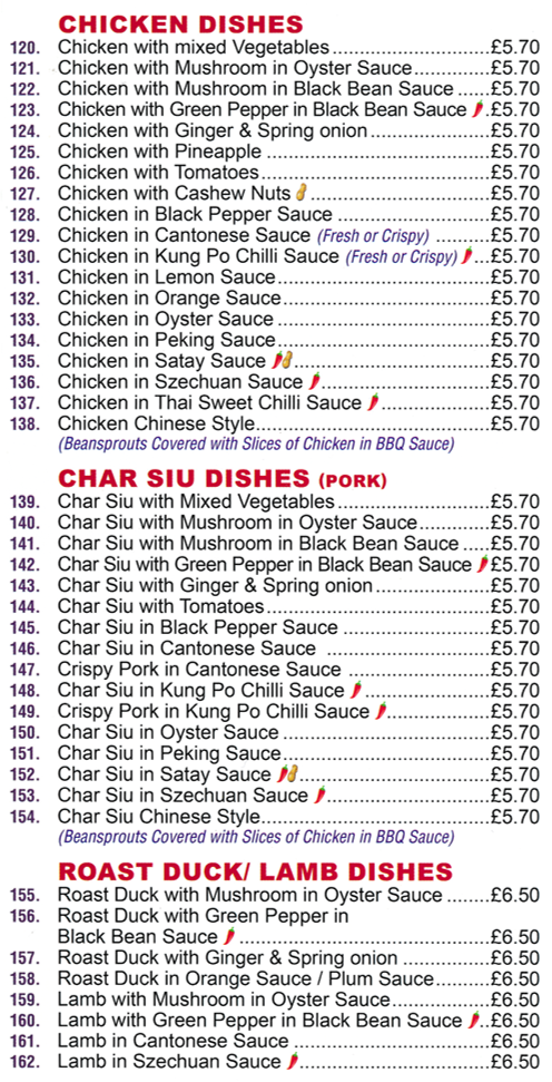 Menu for Sun Wah in Ilkeston - dishes include; Chicken in Lemon Sauce, Crispy Pork in Cantonese Sauce, Lamb in Szechuan Sauce, Char Siu in Peking Sauce, Chicken Chinese Style, Char Siu in Satay Sauce..