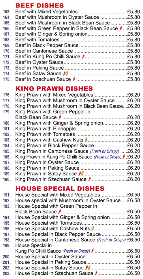 Menu for Sun Wah in Ilkeston - dishes include; King Prawn in Kung Po Chilli Sauce, Beef in Satay Sauce, Sun Wah House Special in Black Pepper Sauce, Beef in Cantonese Sauce, King Prawn with Pineapple..